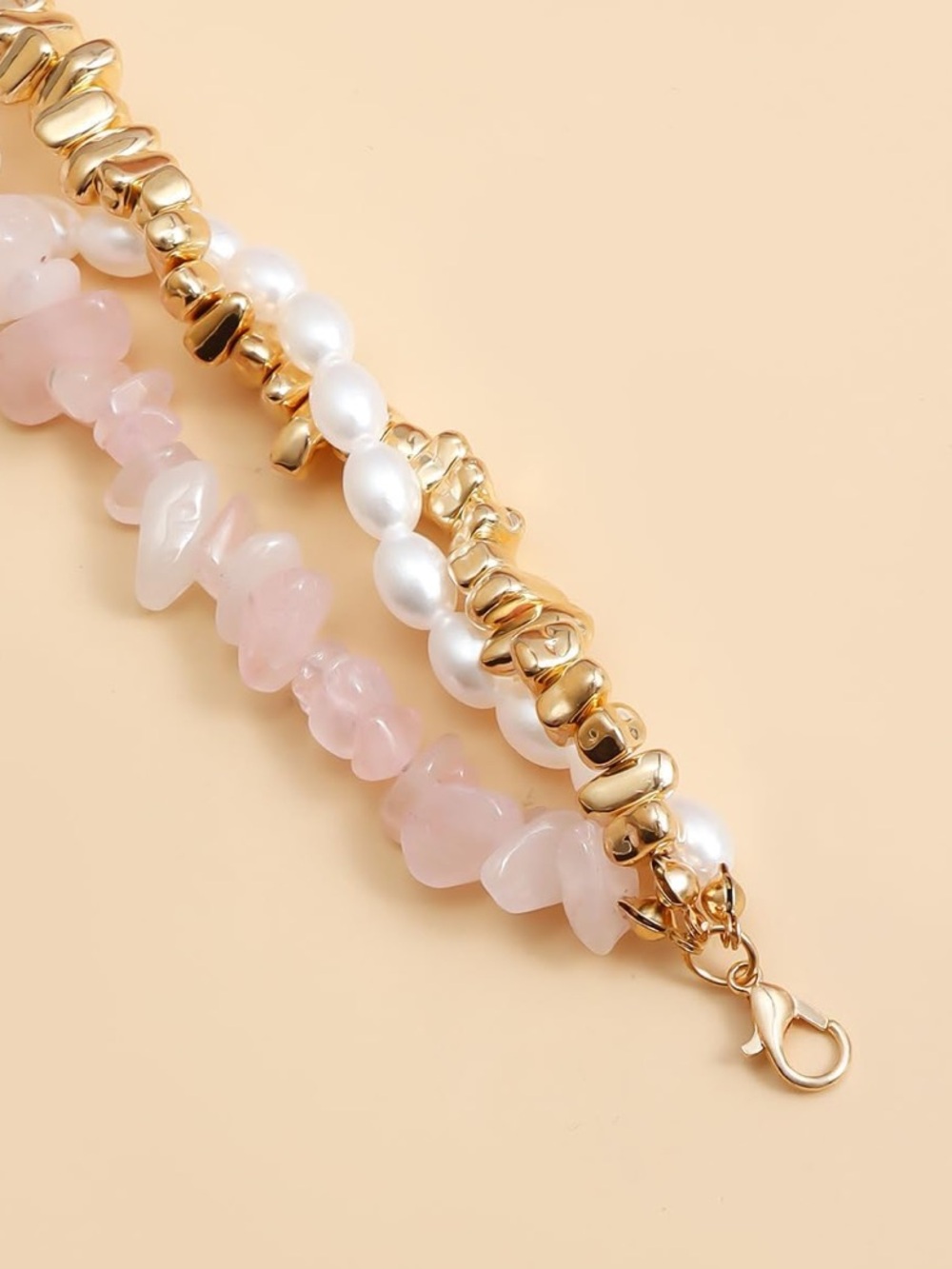 Anthropologie Gold Heart Layered Necklace with Pink Stones and Pearls - Picture 3 of 6